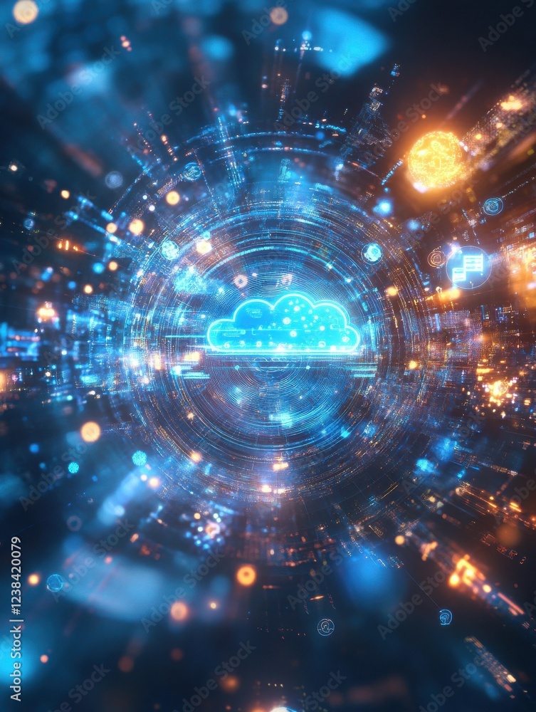 Aufkleber abstract glowing blue cloud computing and online banking hologram with various icons on blurry backg