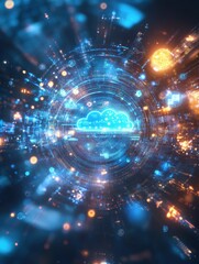 Obraz premium Abstract glowing blue cloud computing and online banking hologram with various icons on blurry background. Database, finance, technology and future concept. 3D Rendering