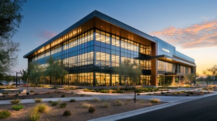 Urban sustainability, Rooftop solar array amid illuminated cityscape at twilight