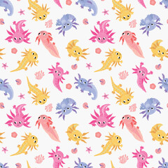 Seamless pattern with axolotl. Design for fabric, textile, wallpaper, packaging	