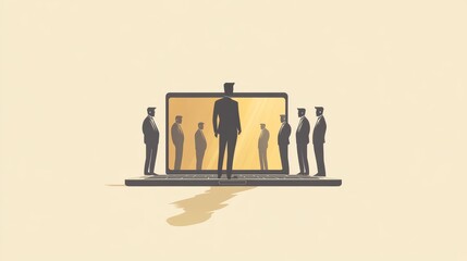 Obraz premium corporate flexibility concept, virtual to physical transition, business team illustration, laptop conference view, professional character design, minimalist background, flat art style, subtle shadows