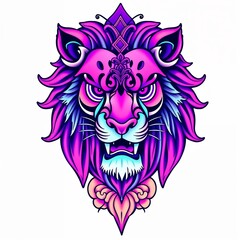 Obraz premium Traditional tattoo-style lion in ultraviolet hues with intricate details on a white background 