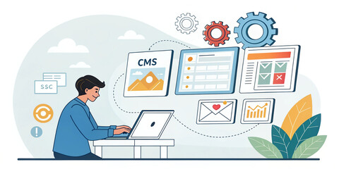 Content Management System Concept with a Person Using Technology for Digital Solutions