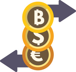 Concept of bitcoin cryptocurrency replacing traditional currencies euro and dollar with arrows exchanging them