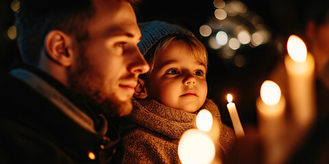 Man and Child with Lit Candles at Night