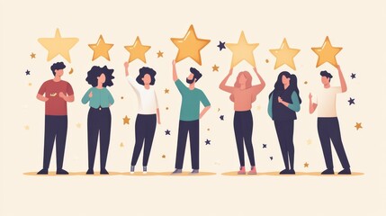 Diverse multiethnic people voting, giving feedback rating with stars. Client, customer or user character choosing satisfaction ranking for estimation, leaving personal review critic, vector illustrat