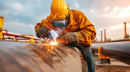 Fototapeta premium Welding worker in protective gear sparks flying on metal pipe