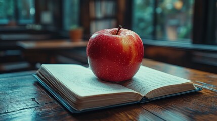 A vibrant red apple resting on an open book in a cozy library setting with soft lighting