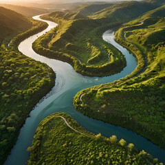 Aerial View of Winding River in Green Valley