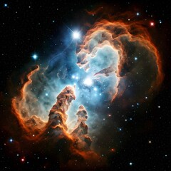A hyper-detailed galaxy cluster with shining quasars and massive cosmic dust formations, Ai Generated