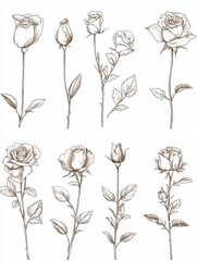 Set botanical hand drawn vector element. Collection of foliage, leaf branch, floral, flowers, roses, lily in line art. Minimal style blossom illustration design for logo, wedding, invitation, decor.