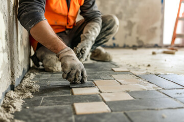 Internal repair of an apartment. A worker is laying tiles or parquet on the floor