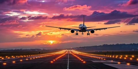 A majestic airplane descends for landing during a vibrant sunset, illuminated runway lights guiding its approach.