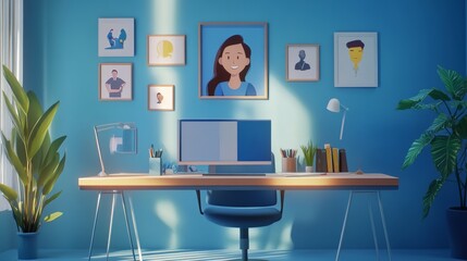 Fototapeta premium digital workplace composition, video chat interface, diverse animated portraits, minimalist desk styling, decorative elements, professional casual design, 3d rendering style, subtle shadows, modern