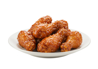 Korean fried chicken with juicy glaze sauce food in a plate isolated on white background, front angled view, no depth of field, sharp
