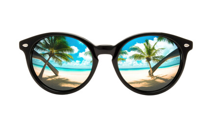 Sunglasses reflecting tropical beach paradise with palm trees and transparent background