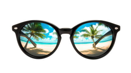 Sunglasses reflecting tropical beach paradise with palm trees and transparent background