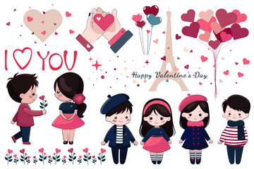 retro cute set of romantic decor elements in flat style. vector simple group with valentine day details