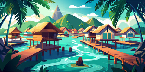 Tropical resort with overwater bungalows and palm trees in a serene setting.