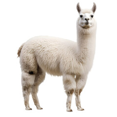 Obraz premium A fluffy white llama with a soft coat of wool, standing on a white background. Transparent background