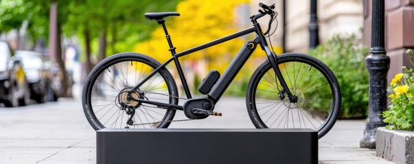 A sleek black electric bike is displayed on a pedestal, surrounded by greenery and flowers, showcasing its modern design in an urban setting.