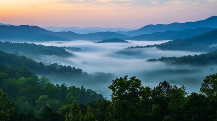 Misty sunrise over rolling mountains and valleys. (1)