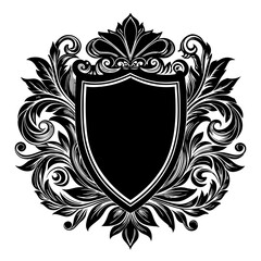 Detailed Black and White Shield with Floral Elements.