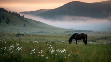 Obraz premium Clydesdale in Pasture: A majestic Clydesdale horse with feathered legs, grazing in a green field filled with wildflowers.