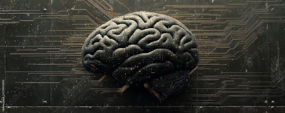 Poster a brainshaped digital network, with intricate circuit lines connecting it, symbolizing the powerful 
