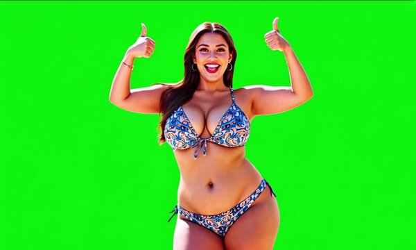 beautiful plump model woman wearing a bikini dancing on the green screen