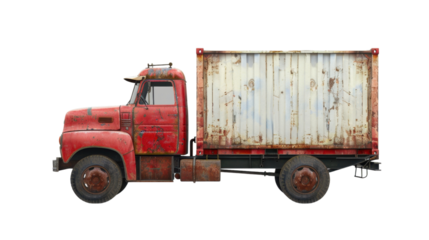 Old rusty red truck carrying cargo container on transparent background