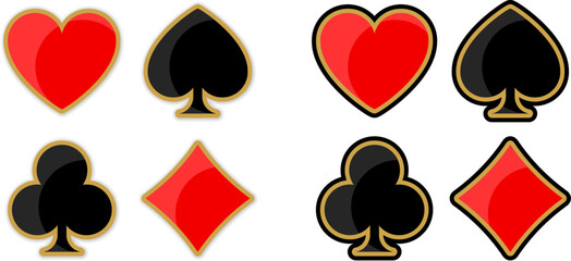 Vector collection of icons of card suits in a flat design, with faces and gold colored contours. Vector collection of icons of card suits. Two sets in a flat design, with faces and gold outline
