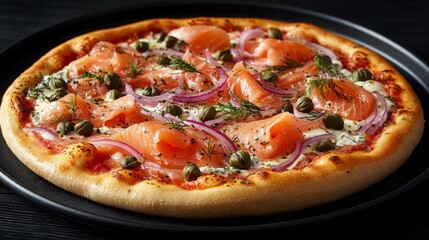A gourmet pizza with smoked salmon, cream cheese, capers, and red onions, served with a drizzle of dill sauce, placed on a sleek black plate.