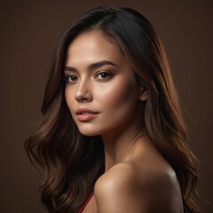 Naklejka premium Elegant portrait highlighting the beauty and grace of a woman with flowing hair and captivating expression