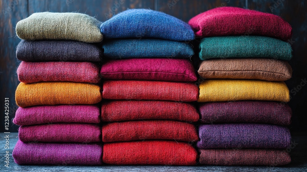 Poster a vibrant stack of neatly folded colorful textiles showcasing rich hues and textures in a cozy setti