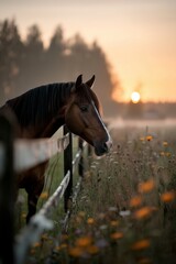 Fototapeta premium Clydesdale in Pasture: A majestic Clydesdale horse with feathered legs, grazing in a green field filled with wildflowers.