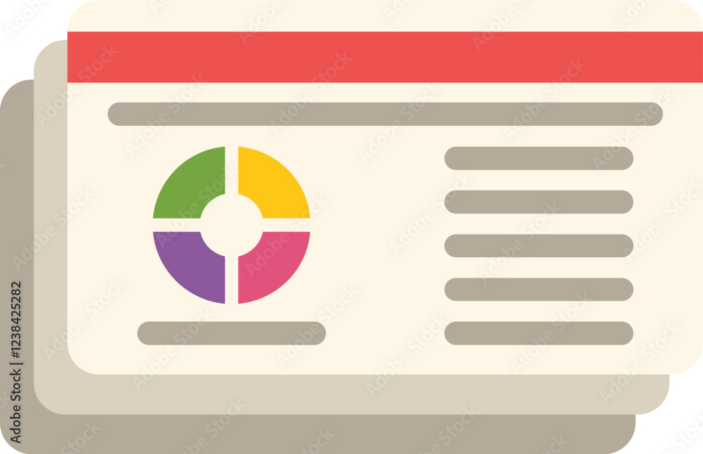 Poster flat vector icon of a business report document with a colorful chart, representing data analysis and