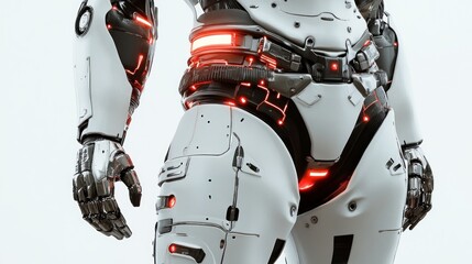 Fototapeta premium Futuristic robot torso, red lights, white background, sci-fi concept, tech illustration
