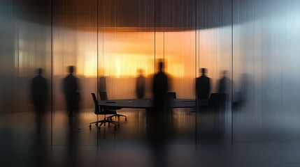 modern boardroom scene through frosted glass, silhouetted business figures, motion blur aesthetic, contemporary round conference table, cool tonal lighting, architectural glass panels, minimalist