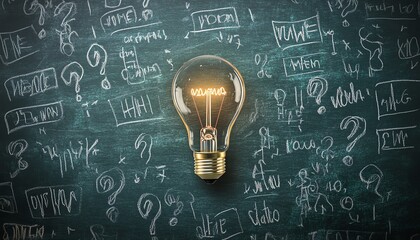 A chalkboard with a lightbulb glowing and the questions who, when, why, how written, symbolizing intellectual curiosity and the quest for answers