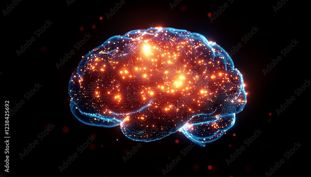Poster a digital brain with glowing circuit patterns, representing the fusion of human intelligence and tec
