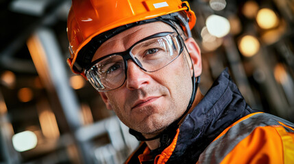 Professional worker in safety gear, focused and determined