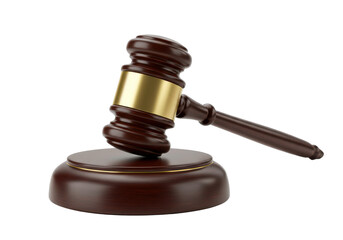 polished wooden gavel resting on a round base with metallic gold accents, symbolizing justice and authority, isolated on white background
