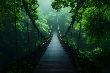 A serene suspension bridge surrounded by lush green trees in a misty forest, creating a peaceful, enchanting atmosphere. Concept Suspension Bridge, Lush Green Trees, Misty Forest, Serene Atmosphere