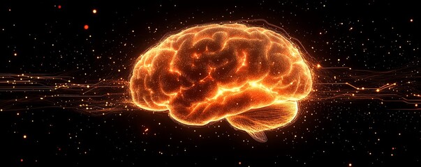 A glowing brain surrounded by digital circuits and light trails, symbolizing the synergy of humanlike intelligence and modern technology
