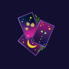 Vector illustration of Tarot magic cards with elements of stars, moon and eye, on dark background with vegetal elements. Mystical and spiritual elements