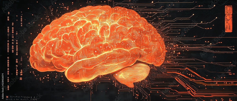 Poster a glowing brain with intricate circuit lines flowing through it, symbolizing the blend of humanlike 