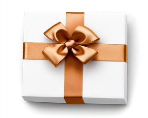 Elegant White Gift Box with Gold Ribbon and Bow on White Background
