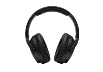 Modern black over-ear headphones with a padded headband and cushioned ear cups, isolated on white background