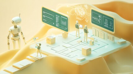 Fototapeta premium modern organizational flowchart, digital workspace concept, collaborative team interface, ai robot assistant, business process visualization, floating elements design, light sand backdrop, tech